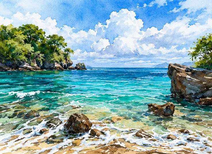 Bucht mit klarem Wasser, aquarell auf papier