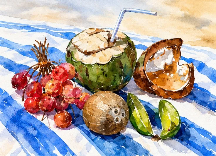 Stillleben mit Kokosnüssen, aquarell auf papier