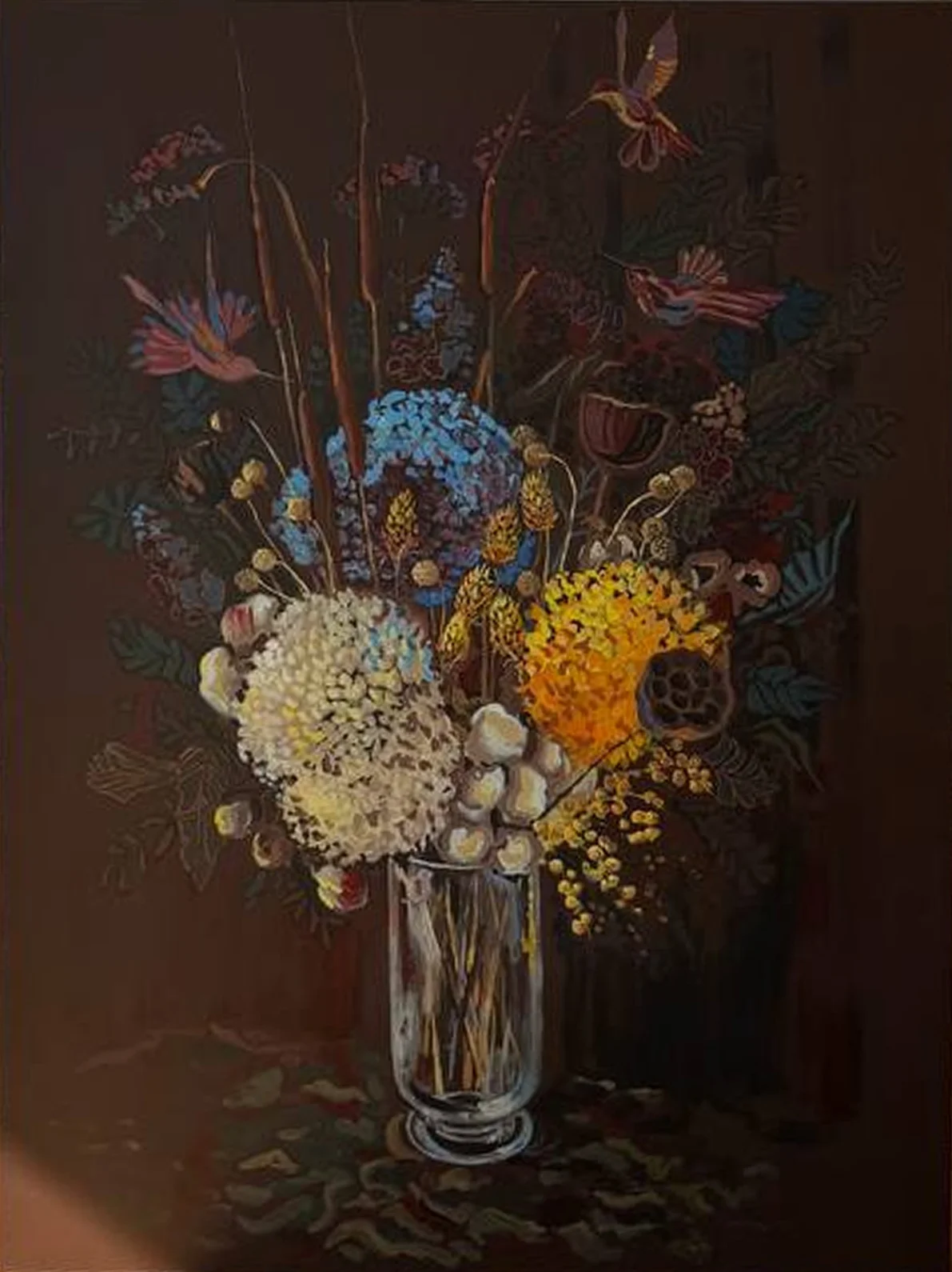 Ramo nocturno con colibríes, acrílico sobre lienzo
