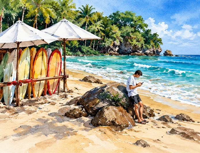 Mañana en la playa de surf, acuarela sobre papel